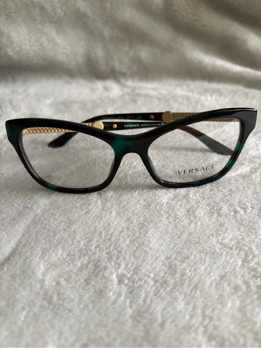 Versace Dark Green Tortoiseshell Cat-Eye Glasses with Gold Temples